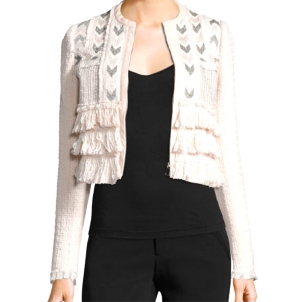 Rebecca Taylor Cropped Wool Blend Lamb Leather Tweed Jacket Size 8 - Picture 2 of 7
